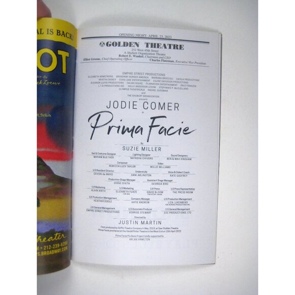 Prima Facie Playbill Jodie Comer Suzie Miller Golden Theatre 2023 Opening Night - Picture 3 of 7